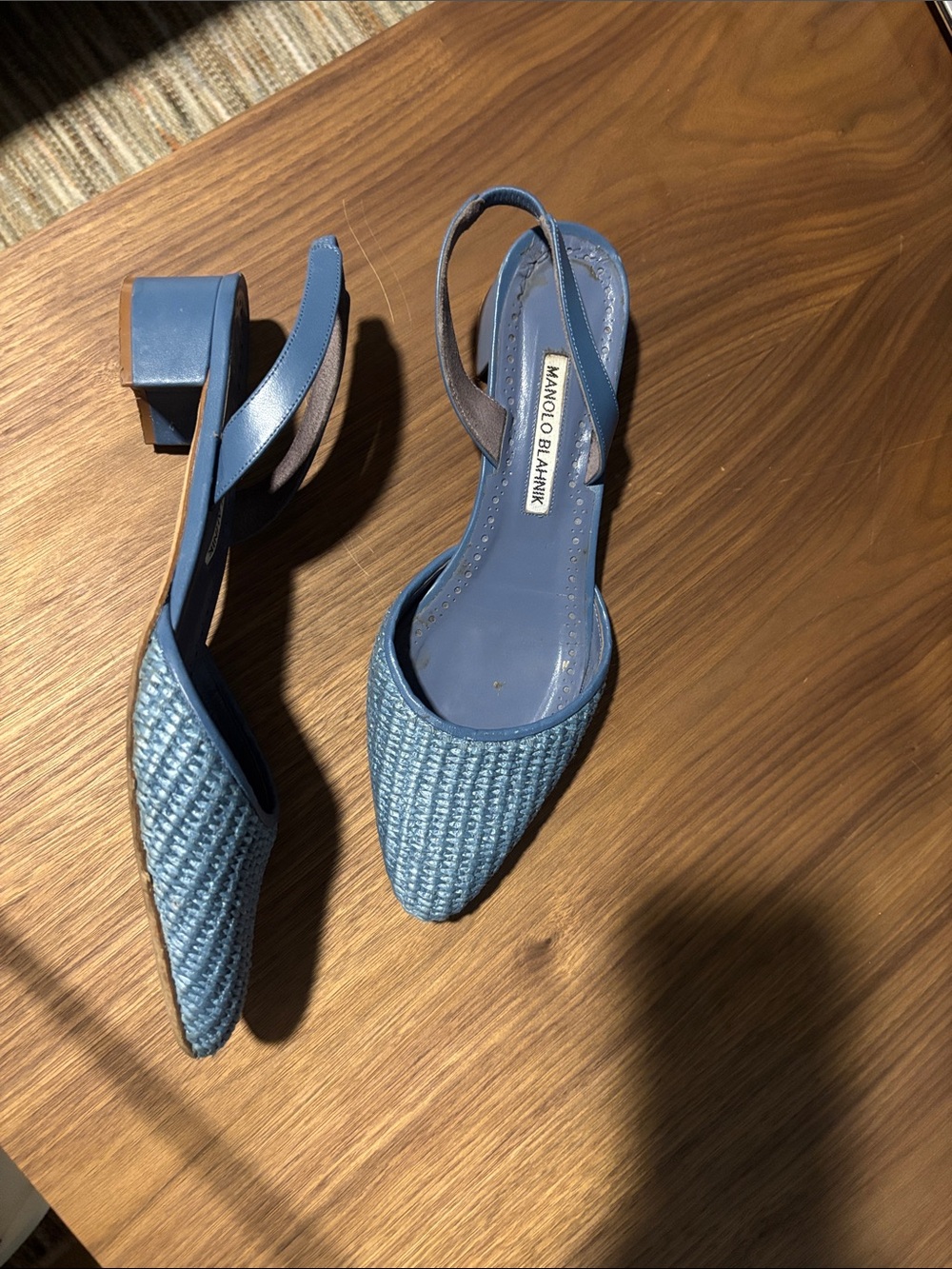 Manolo Blahnik Blue Woven Pointed Slingback Mules